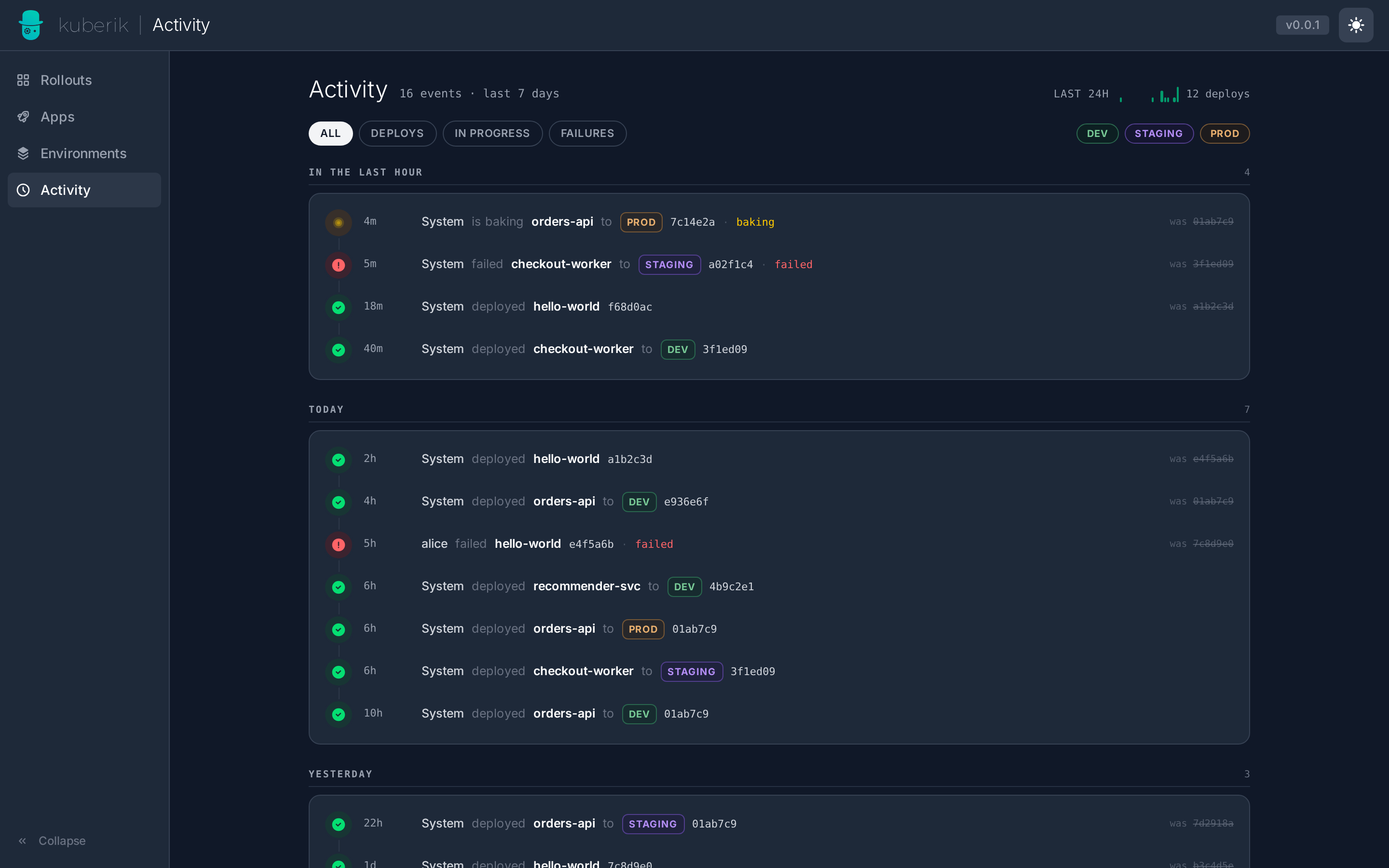 Activity — deployment timeline grouped by recency, failures highlighted