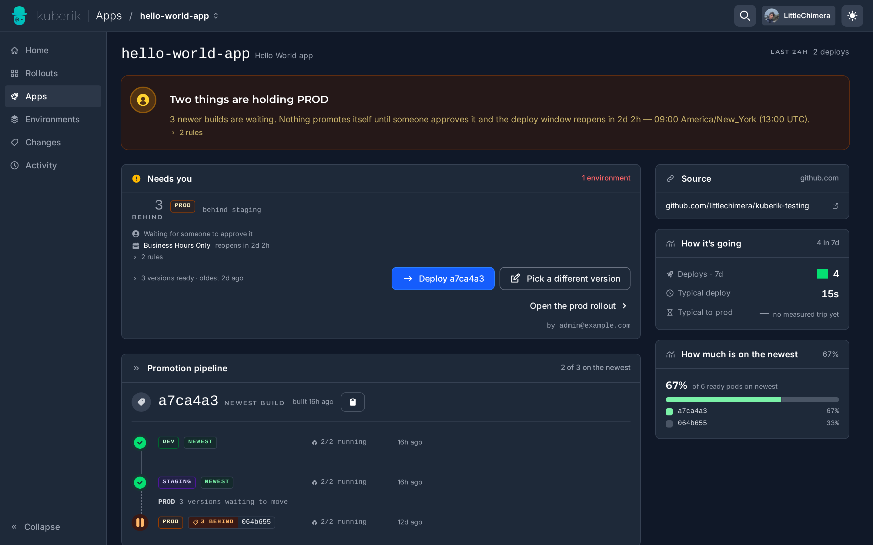 The promotion pipeline of one app: dev and staging on the newest build, production waiting on its gates