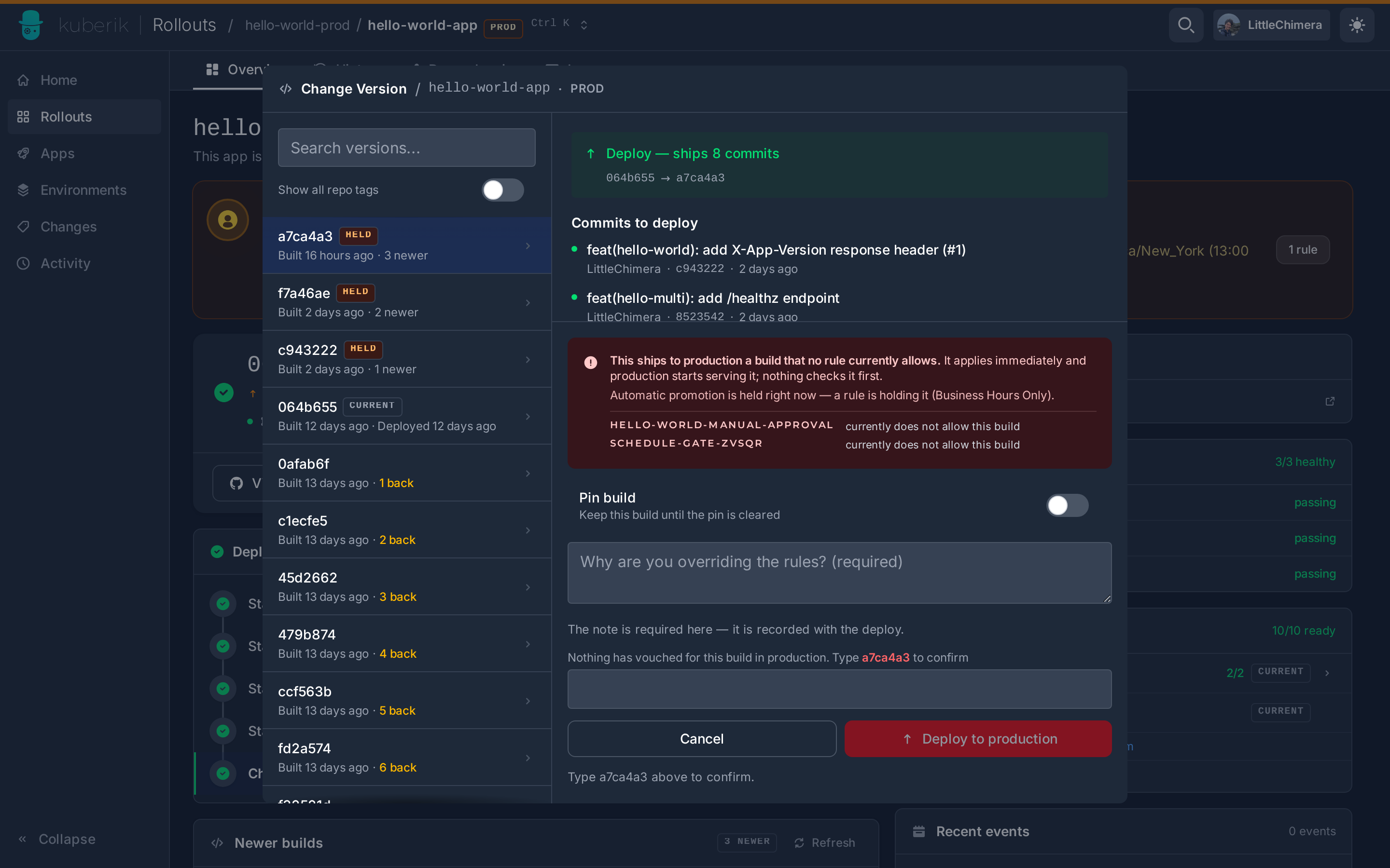 The Change Version dialog with the commits the build ships, read through the signed-in user’s GitHub access