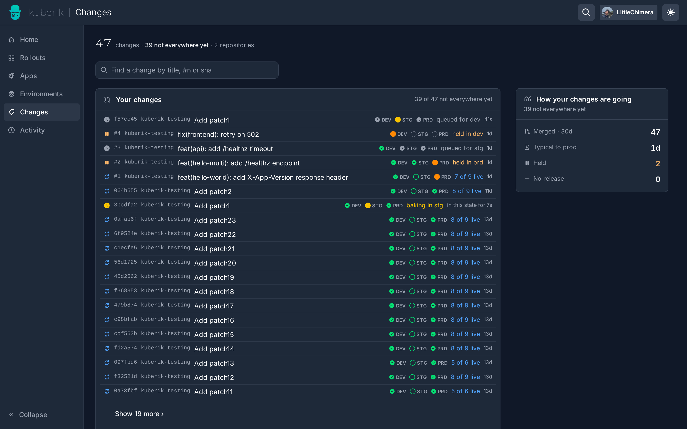 Changes — every merged change and how far it got, then a card per repository