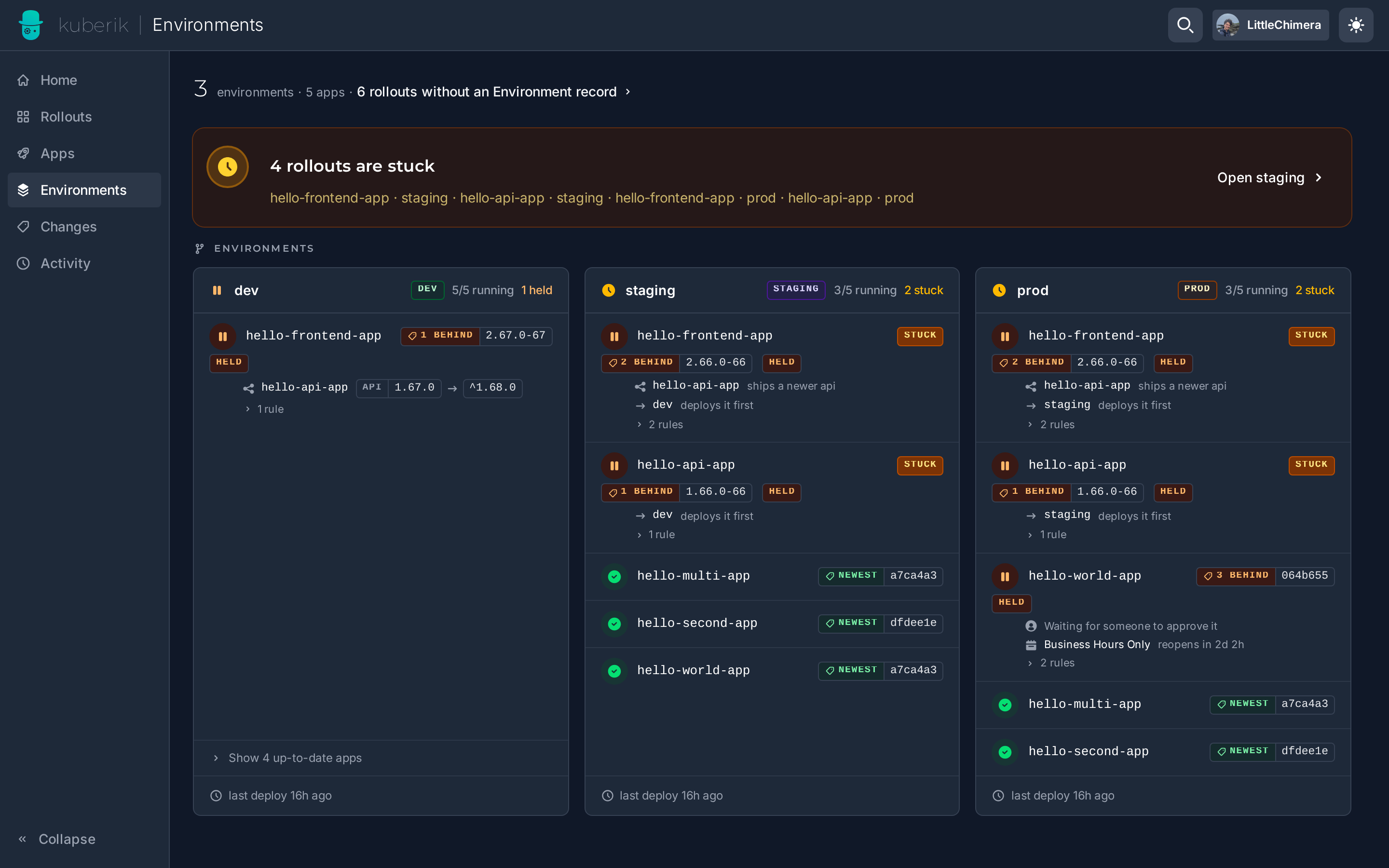 The Environments page: every environment with what is running, what is held and which environment has to deploy first