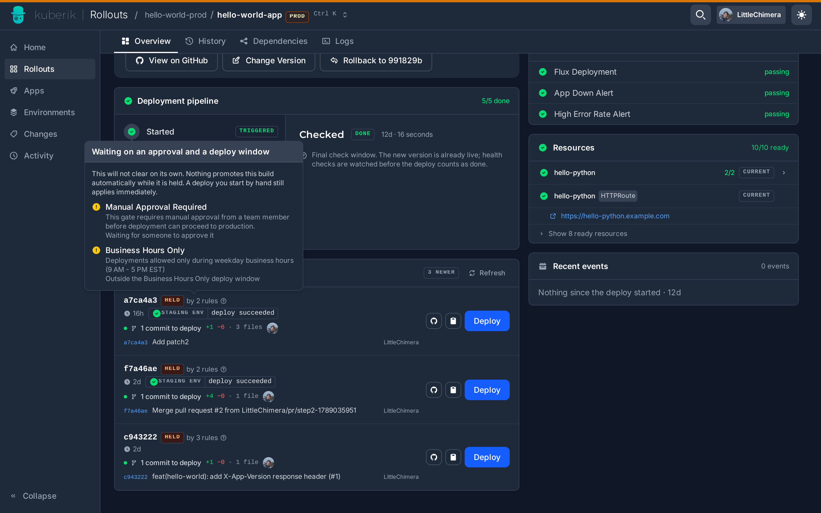 How the dashboard shows them: the pretty name and description of each gate holding a build