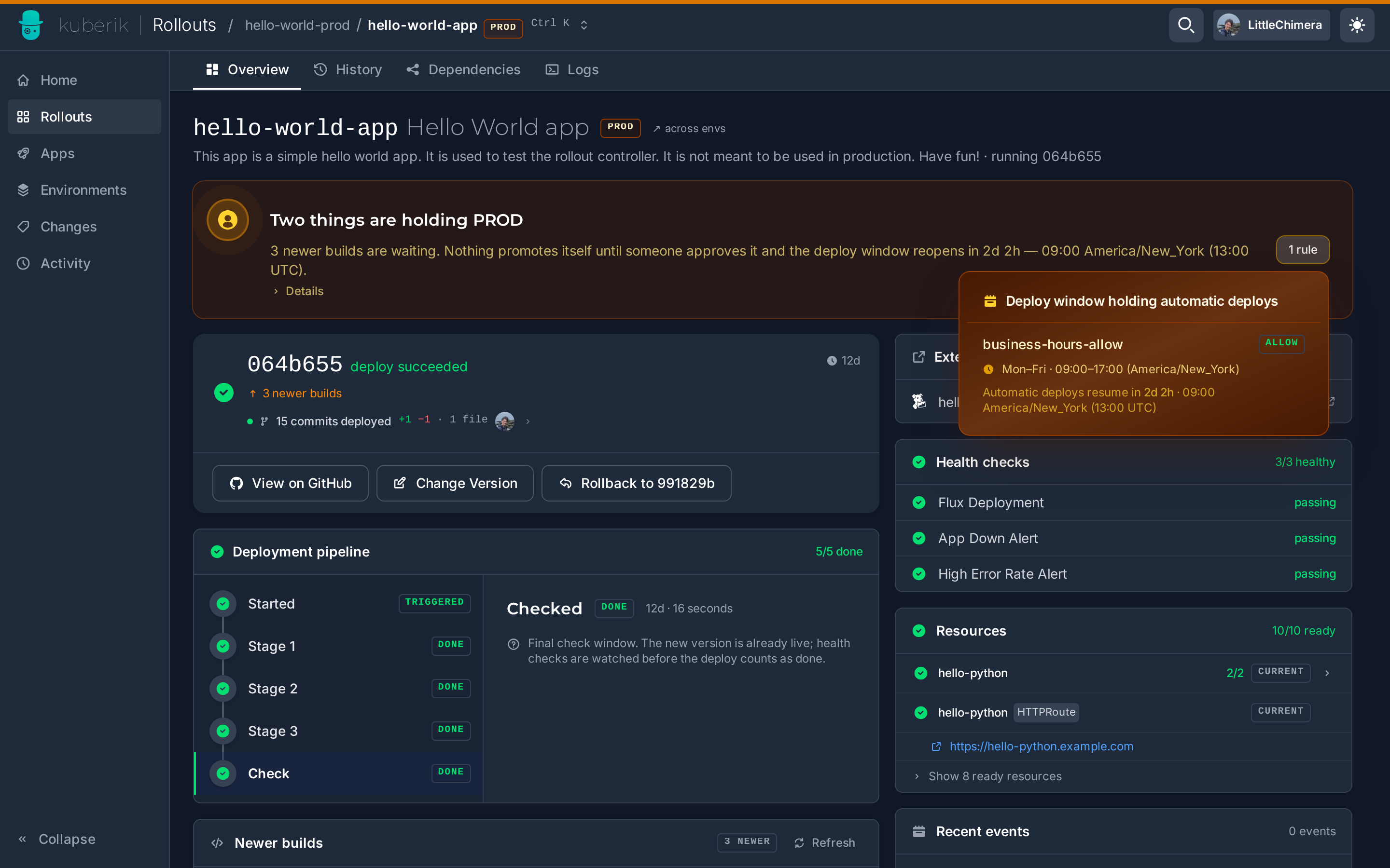 A rollout held by a deploy window: the banner names the schedule, its hours and when automatic deploys resume