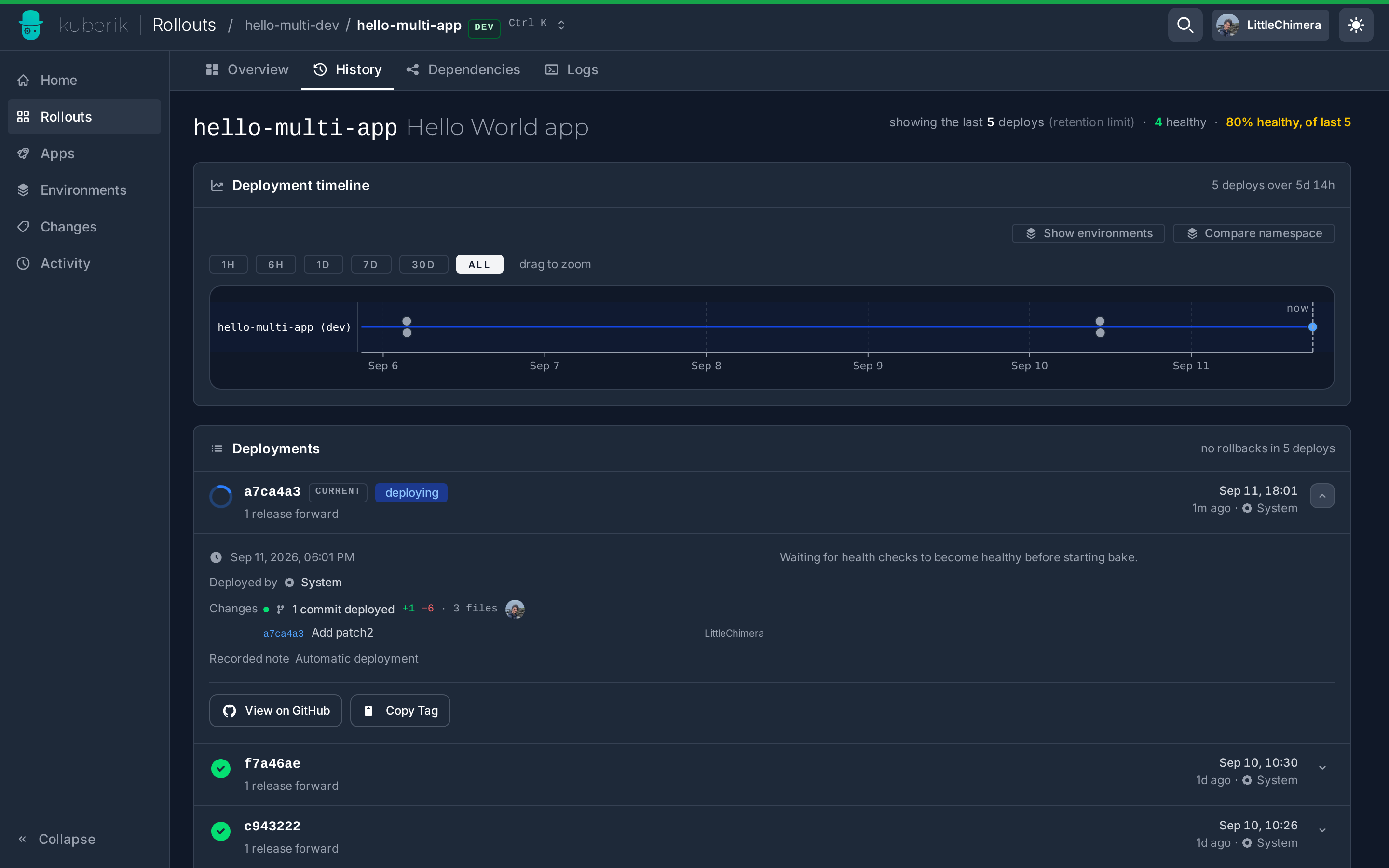 Rollout history — a deploy in flight with the commit it ships, the lines it changed and its author