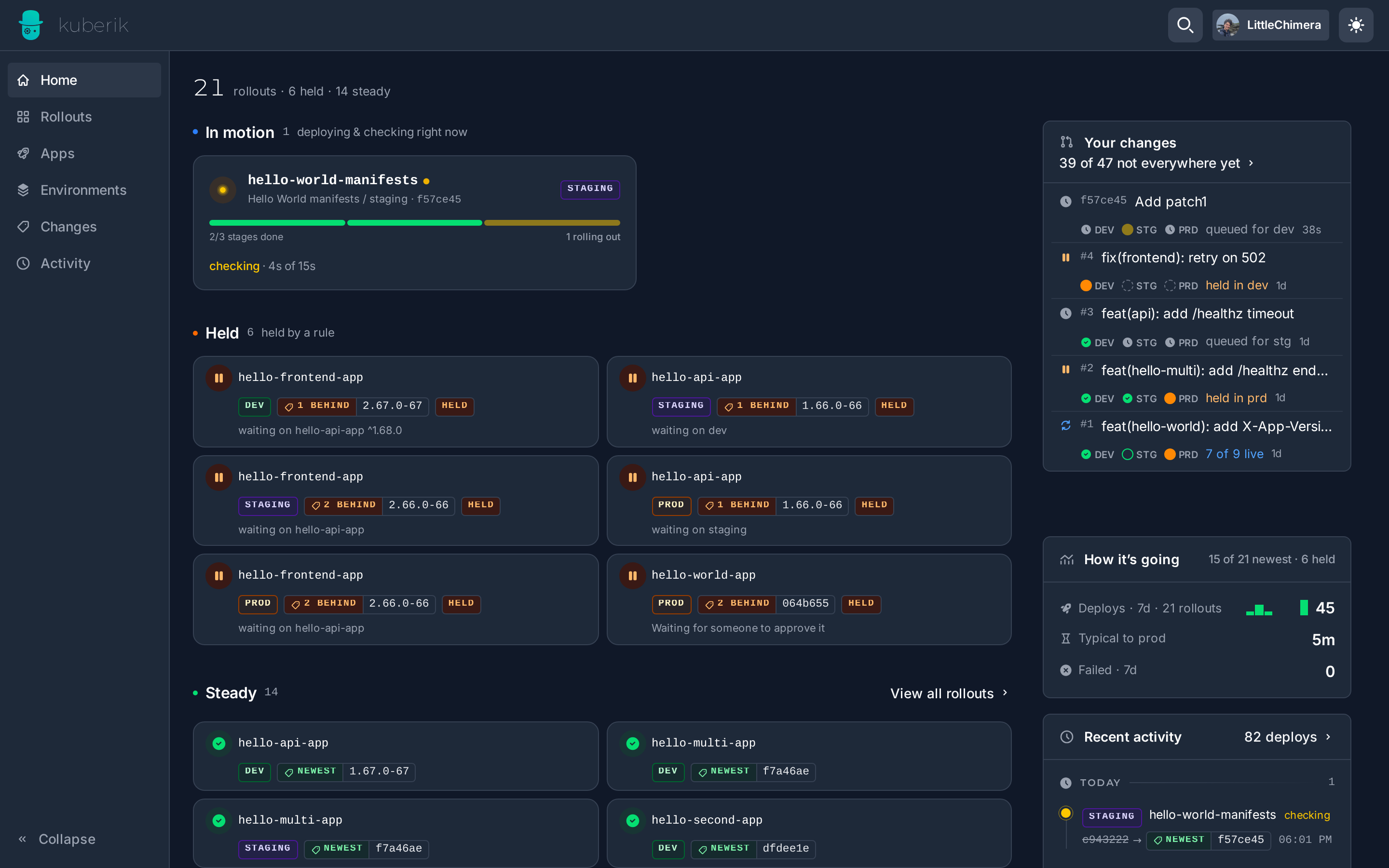 Home — what is deploying, what is held, and your merged changes with how far each one got