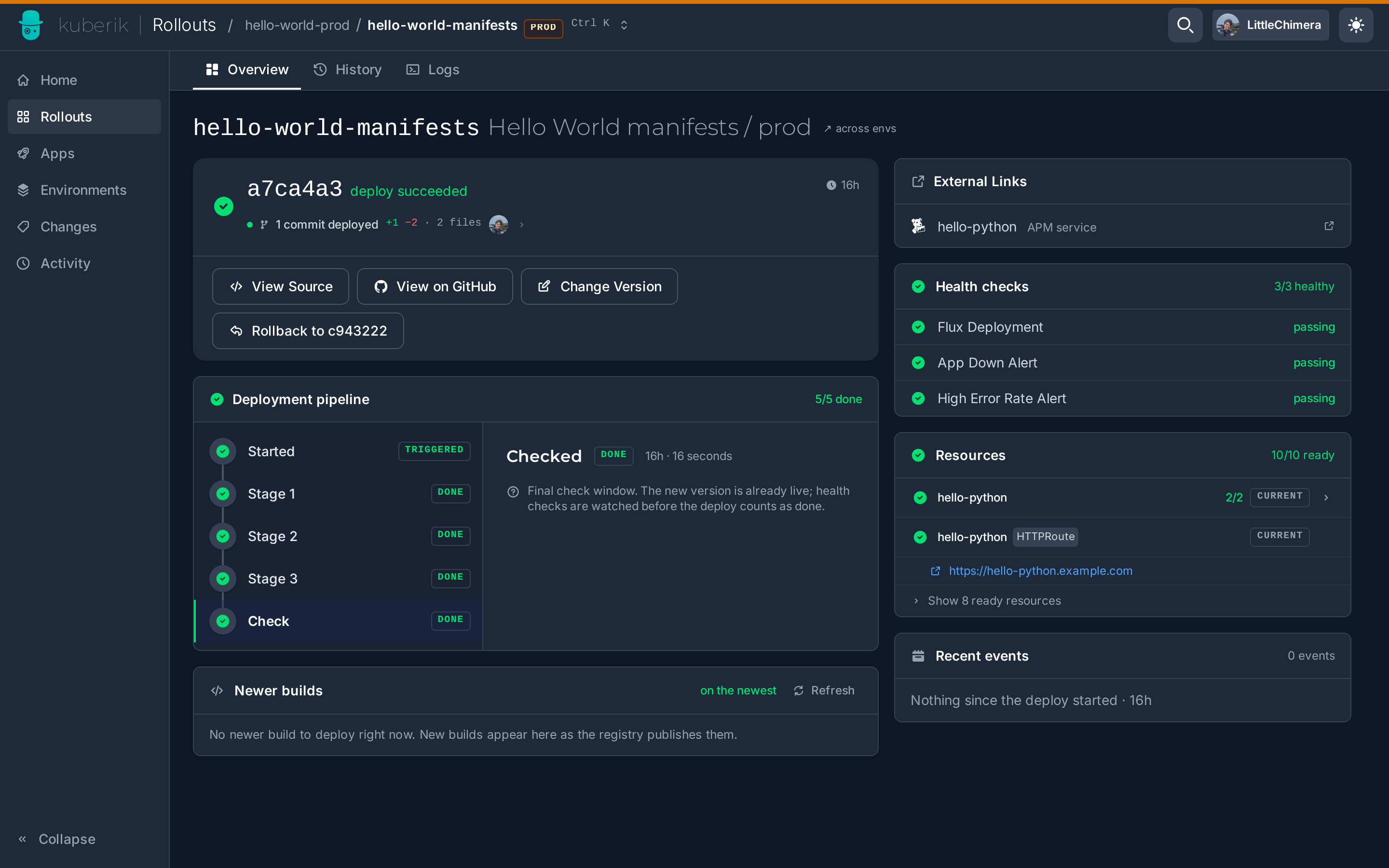 A rendered-manifests rollout: the artifact tag Kuberik set on the OCIRepository, with View Source to read exactly what was applied