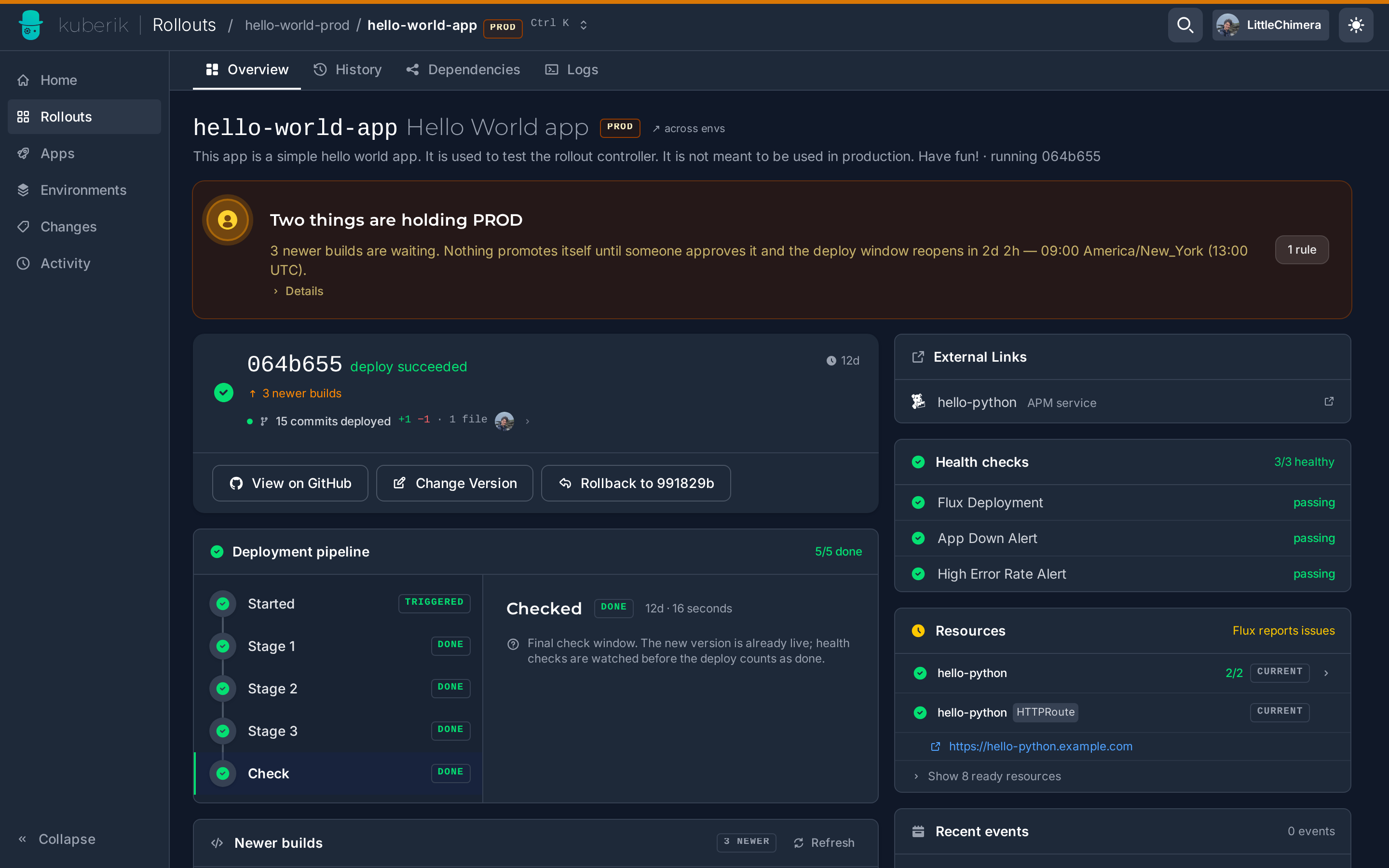 DatadogMonitors as health checks on the rollout page, with the APM service linked next to them