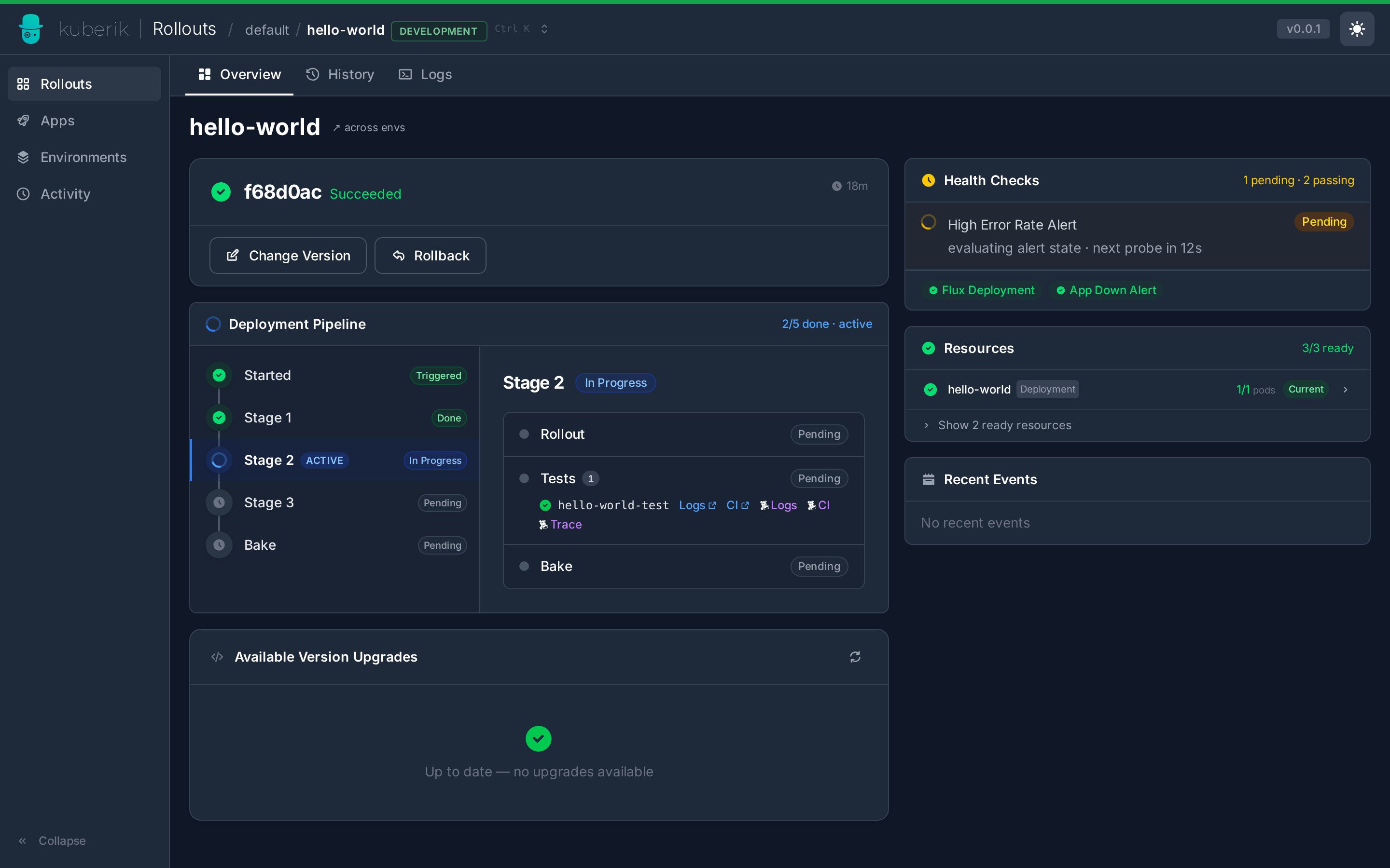 Rollout overview — deployment pipeline, health checks, resources